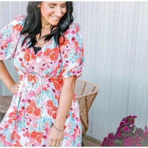 Size L Mittoshop Red Floral Balloon Sleeve Midi Dress